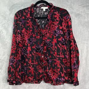 Coldwater Creek Mesh Crinkle Burnout Velvet‎ Ruffle Button-Up Shirt Size PL